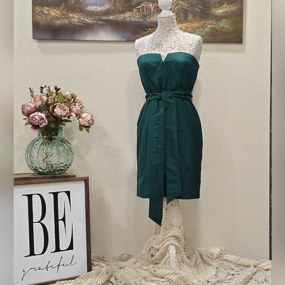 J. Crew Tie Waist Strapless Silk Faille Green Cocktail Dress 🔖 NEW